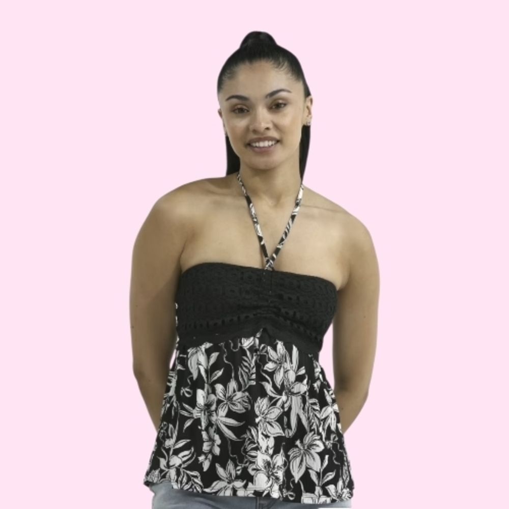 Black & White Floral Convertable Halter Top - Picture 2 of 3